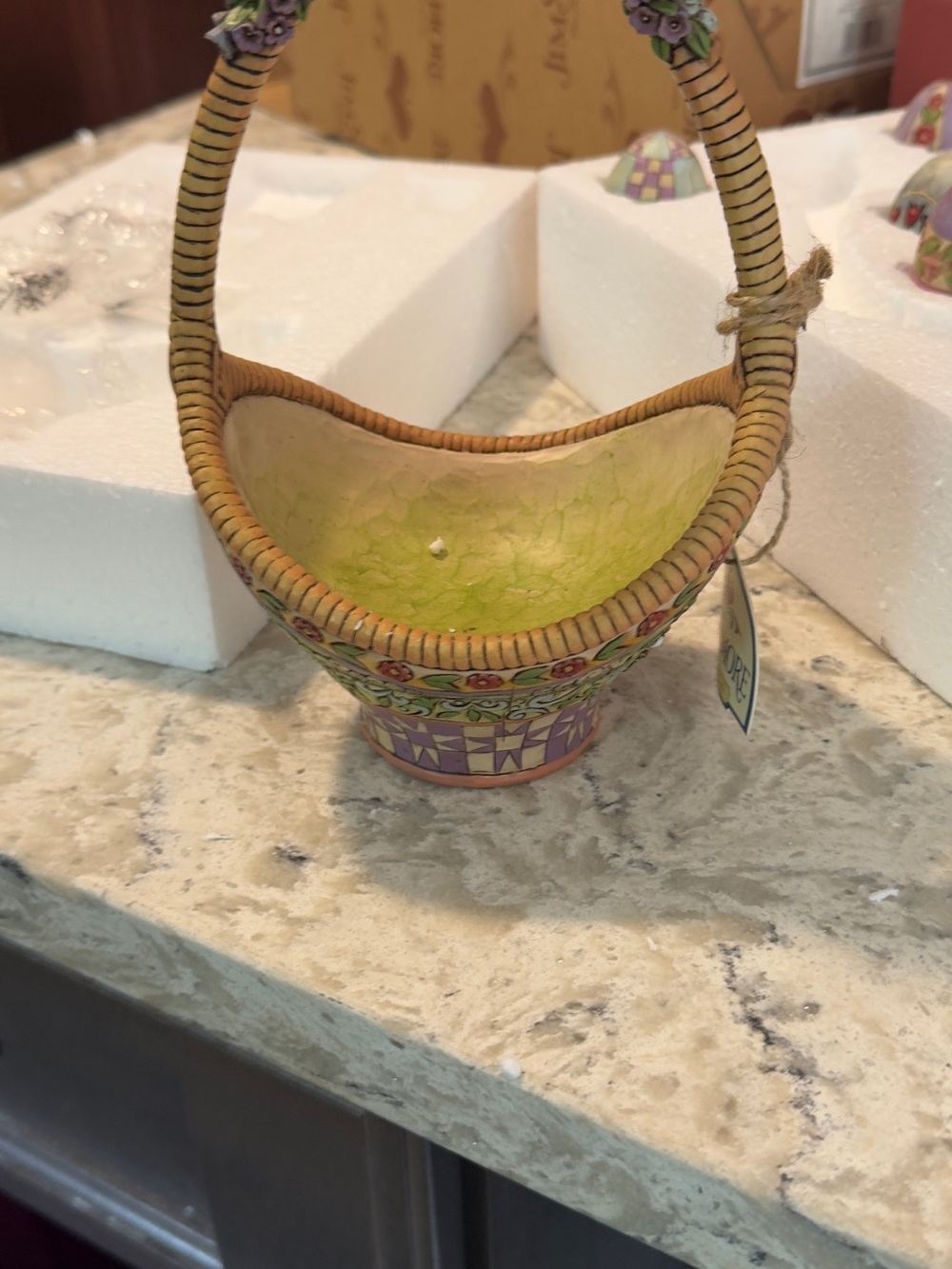 Enesco Decorative Handled Basket in Green and Purple with eggs